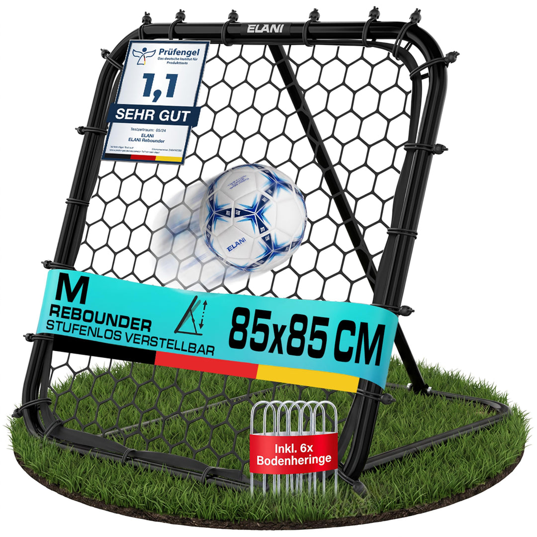 ELANI - Rebounder für Fussball 1x1m mit Schutzrand &amp; 6 Heringen für sicheren Stand - Fussball Reboun