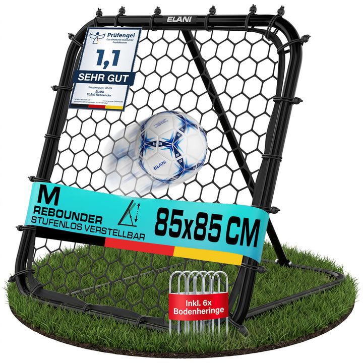 ELANI - Rebounder für Fussball 1x1m mit Schutzrand &amp; 6 Heringen für sicheren Stand - Fussball Reboun