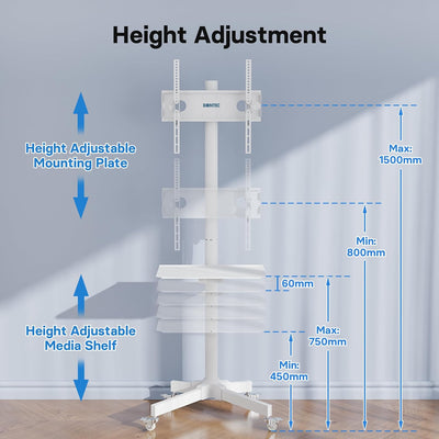 BONTEC Mobiler TV Ständer auf Rollen für 23-60 Zoll Plasma/LCD/LED Fernseher, Tragbarer TV Ständer m