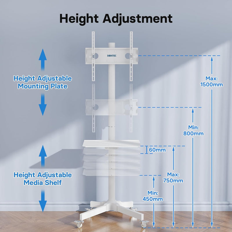 BONTEC Mobiler TV Ständer auf Rollen für 23-60 Zoll Plasma/LCD/LED Fernseher, Tragbarer TV Ständer m