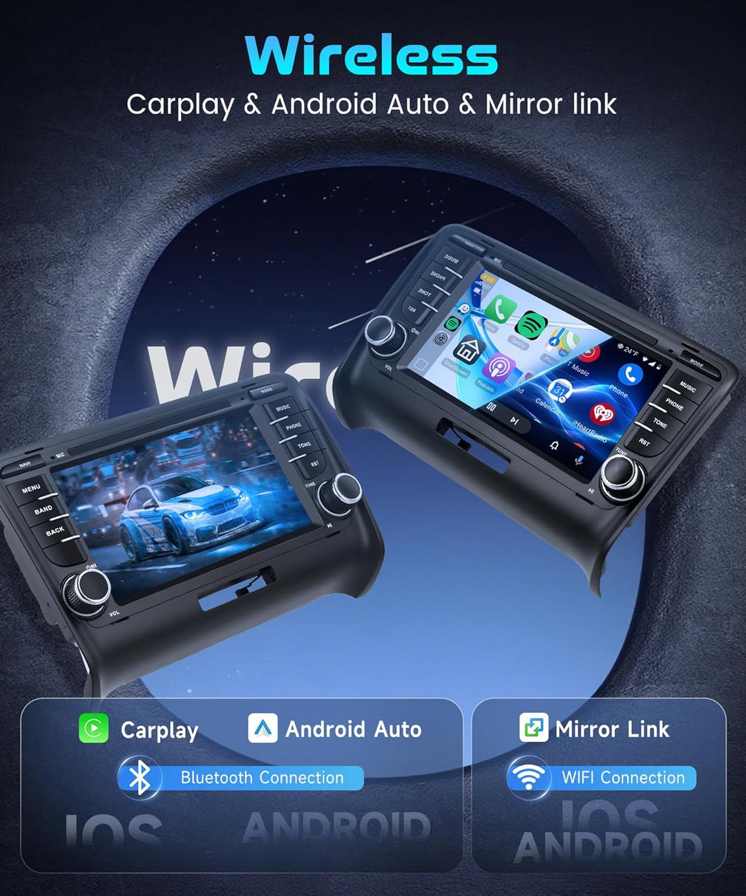 Rimoody 4G+64G Autoradio Android für Audi TT MK2 2006-2014, 7 Zoll Radio mit Wireless Carplay Androi