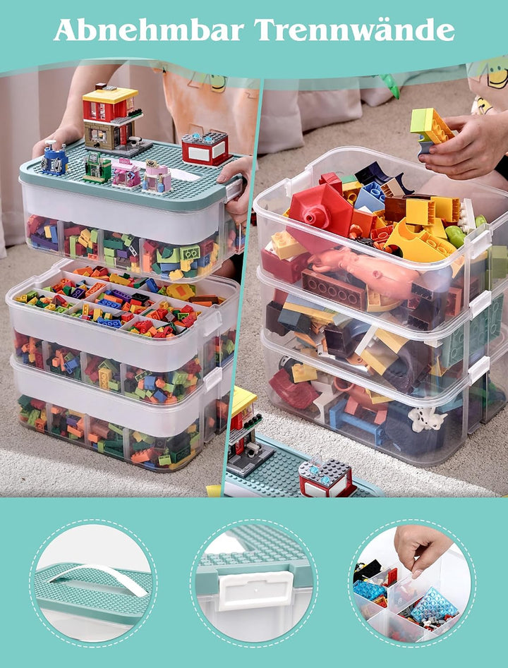 Aufbewahrungsboxen mit Deckel für Lego, 3 Ebenen Transparente Sortierbox, Plastik Stapelbar Box mit