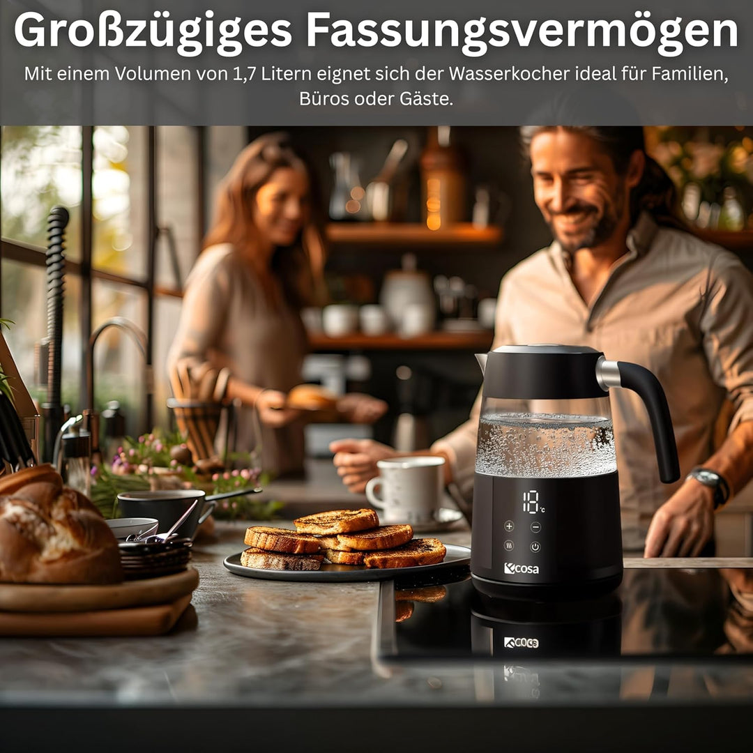 Ecosa® Wasserkocher mit Temperatureinstellung Glas Edelstahl - Teekocher 2.200 Watt 1,7 Liter- BPA F