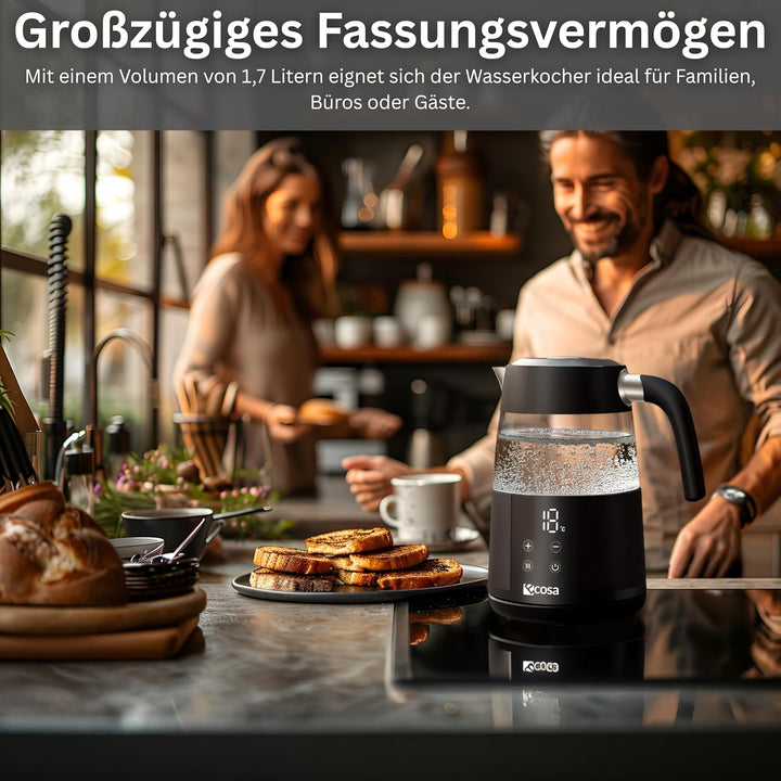 Ecosa® Wasserkocher mit Temperatureinstellung Glas Edelstahl - Teekocher 2.200 Watt 1,7 Liter- BPA F