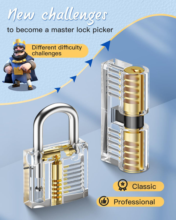 Lockpicking Set, IPSXP 25 Stück Dietrich Set mit 2 Stück Transparent Training Schlössern mit Lederta