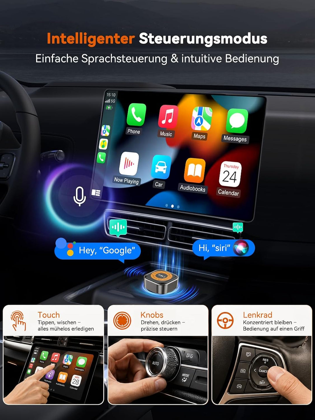 4-in-1 Wireless CarPlay Adapter für Apple CarPlay & Android Auto, AirPlay & MirrorLink Bildschirmspi