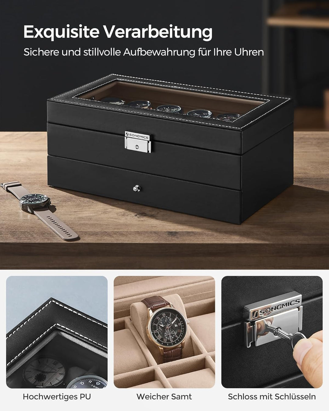 SONGMICS Uhrenbox mit 2 Ebenen, Uhrenkasten, 12 Fächer und 1 Schublade, Glasdeckel, Uhrenkoffer, für
