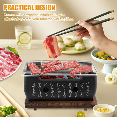 Tischgrill Holzkohle Japanischer Grill mit BBQ Reinigungsbürste, Mini BBQ Grill, Japanischer Stil BB