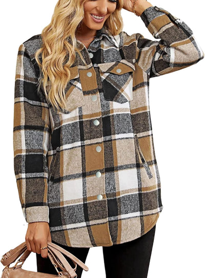 Timuspo Damen Flanell Karierte Hemdjacke Lange Ärmel Baumwolle Revers Button-Down-Bluse Shacket Mant