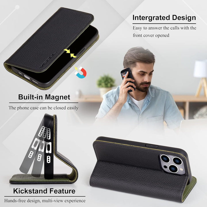 VISOUL iPhone 14 Pro Hülle, Handyhülle iPhone 14 Pro [100% Echtleder] [3 Kartenfächer] [Verdichtes T