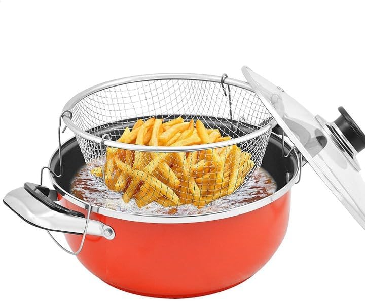 FRYER TOPF FISCH POMMES FRITES HUHN KRAPFEN SIEB FRITEUSE + KORB, Frittiertopf aus mit Glasdeckel In