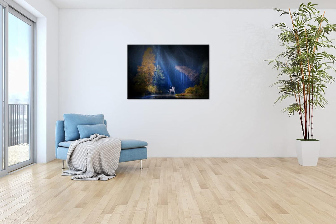 deyoli Einhorn auf einer Waldlichtung Format: 80x60 als Leinwandbild, Motiv fertig gerahmt auf Echth