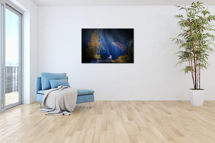 deyoli Einhorn auf einer Waldlichtung Format: 80x60 als Leinwandbild, Motiv fertig gerahmt auf Echth