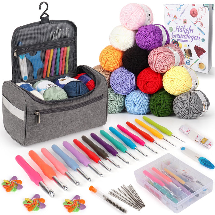 Coopay 73 Stück Häkelset für Anfänger, Tragbar Häkelnadel Set mit 15 Wolle, Tasche, Häkelzubehör, 2,