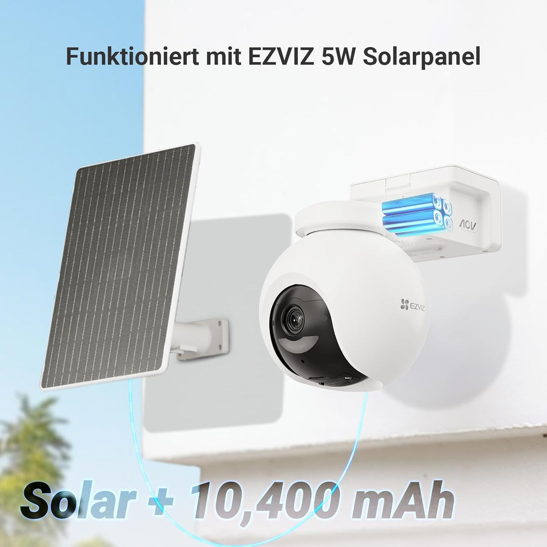 EZVIZ 4K Solar Überwachungskamera Aussen Akku, 360° PTZ Kabellose WLAN Kamera mit Solarpanel, 10400