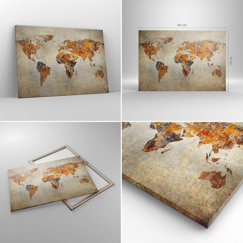 Bilder auf Leinwand 100x70cm Leinwandbild Welt Karte Kontinente Geographie Gross Wanddeko Bild Schla