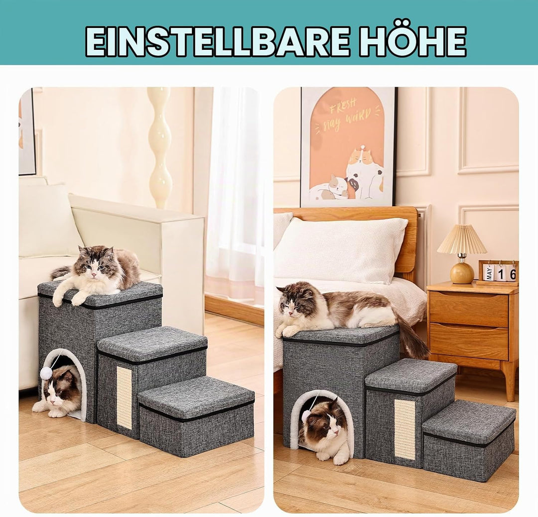 4 in 1 Faltbare Hundetreppe für Bett &amp; Sofa, 3 Stufen Haustierleiter mit Aufbewahrungsboxen, Katzenh