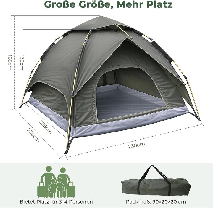 Pop Up Zelt 3-4 Personen, Automatisches Wurfzelt mit 3000mm Wasserdicht, Doppelwand Campingzelt für