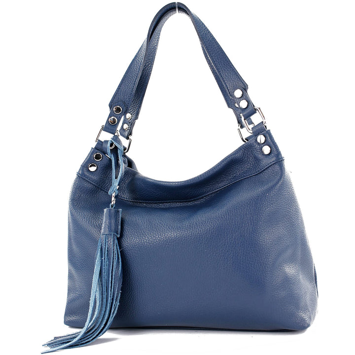 modamoda de - T201 - ital. Damen Schultertasche aus Echtleder Saphirblau, Saphirblau
