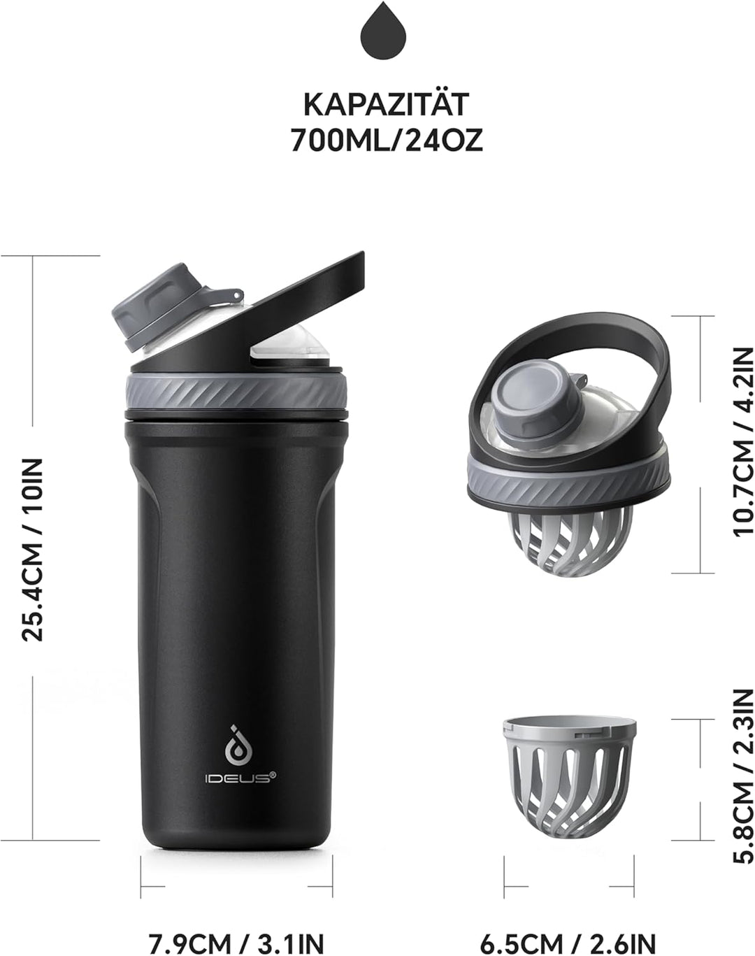 Ideus Shaker Protein Trinkflasche 700ml (24oz)，Doppelwandig Edelstahl Sportflasche mit Skalierlinien