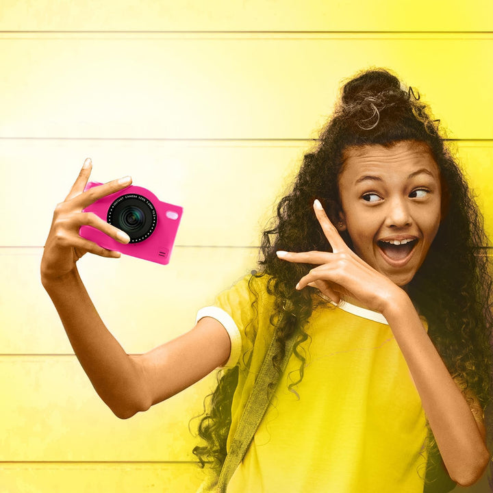 C Toys Digitalkamera für Kinder, Doppelobjektiv – kompakte Mini-Kamera in Rosa mit Selfiemodus für 8