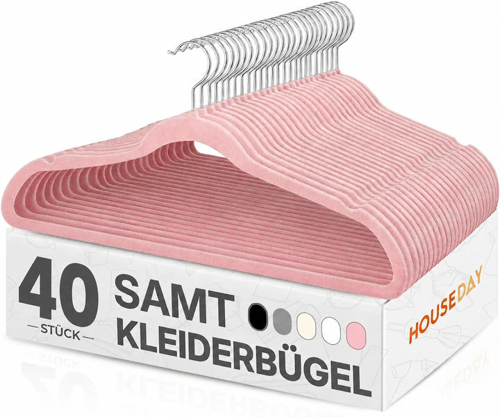 HOUSE DAY Kleiderbügel Samt 40 Stück Rosa | Kleiderbügel Platzsparend Filz Bügel, 360° Drehbarer Hak