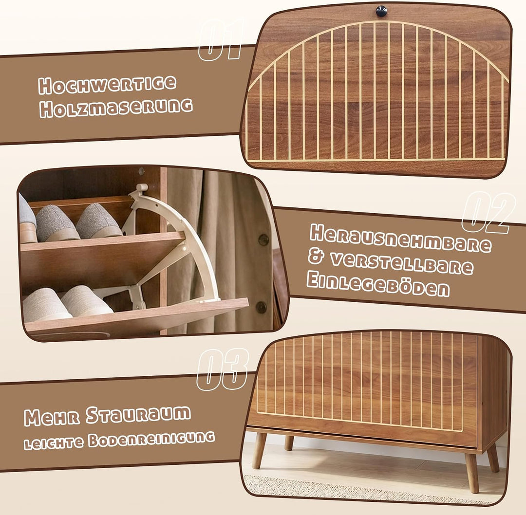 2pcs Schuhschrank Schmal 24 cm Tiefe Schuhkipper Nussbaum 2 Flip Klappen Holz Schuhschrank mit Schub