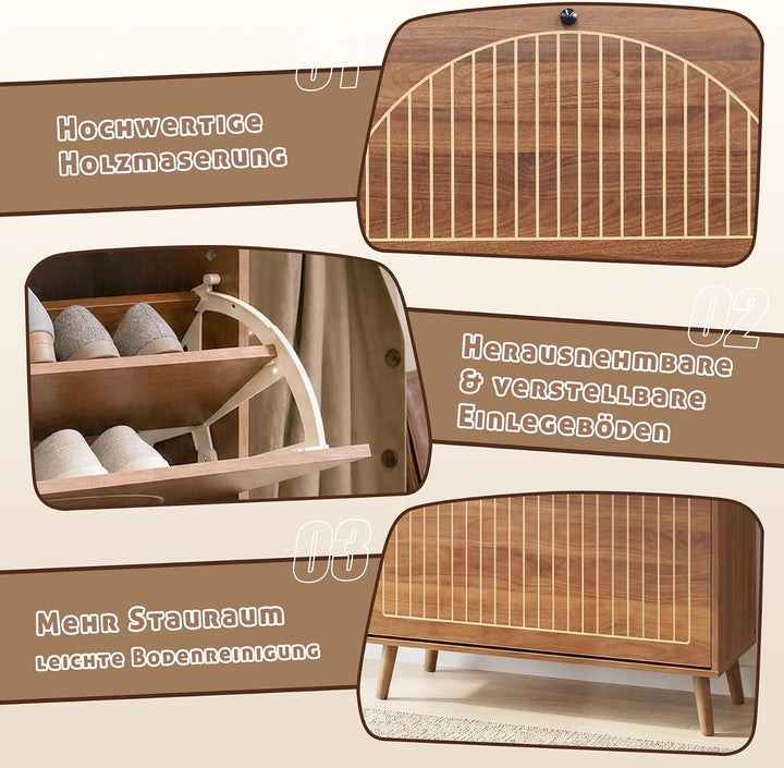 2pcs Schuhschrank Schmal 24 cm Tiefe Schuhkipper Nussbaum 2 Flip Klappen Holz Schuhschrank mit Schub