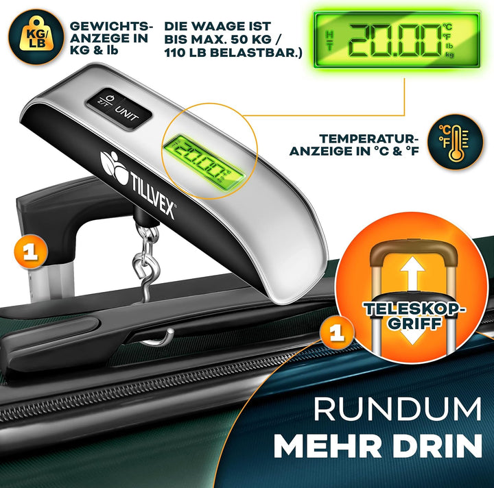 tillvex® Reisekoffer Set 4-teilig + Gepäckwaage, 8X Koffergurte & 4X Kofferanhänger | Kofferset 4 Ro