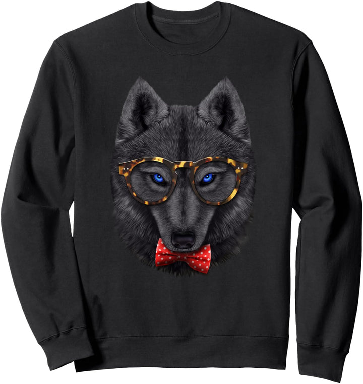 Schwarzer Wolf, die klassische Brille und Fliege trägt Sweatshirt