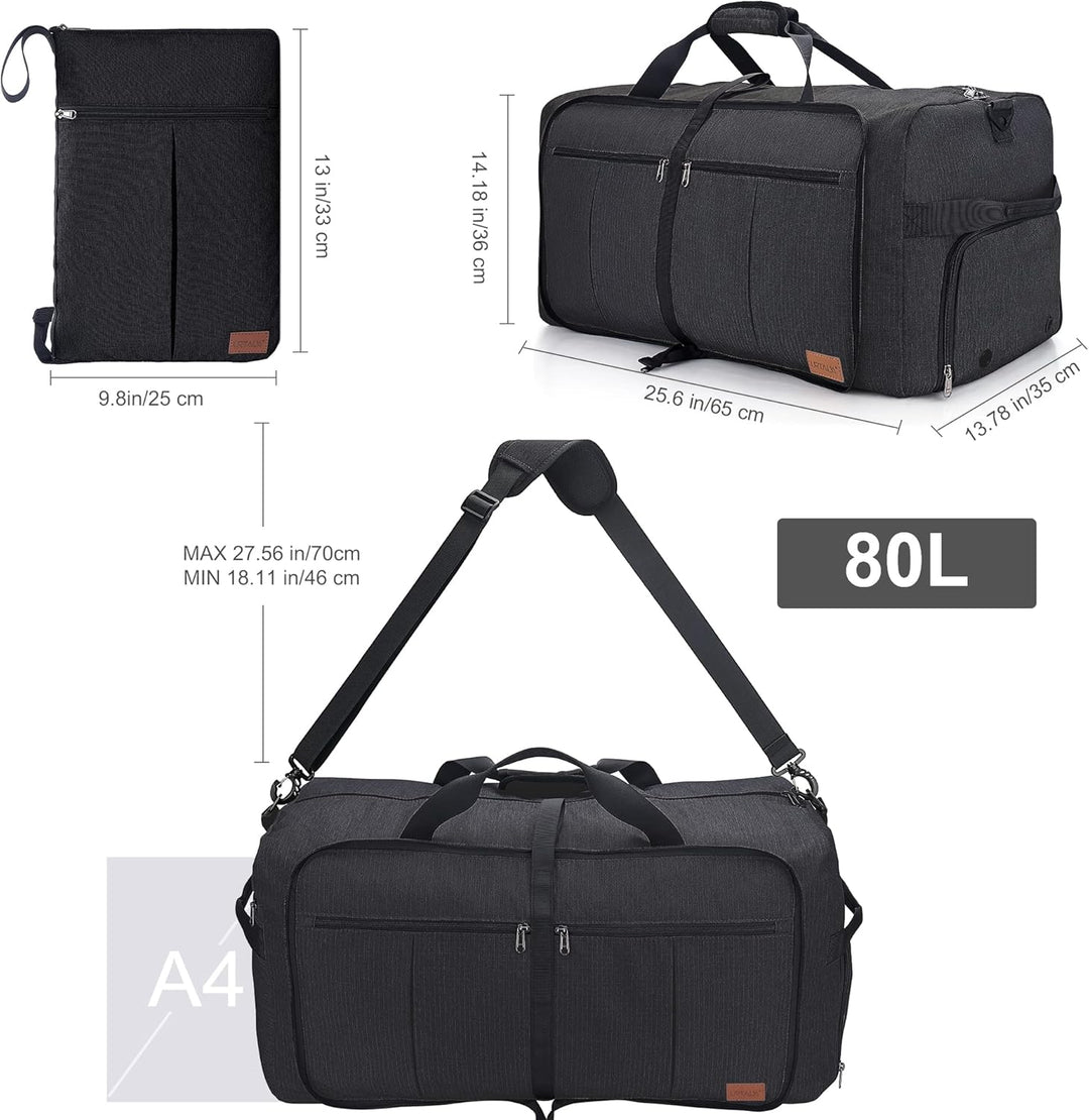 Urtala Faltbare Reisetasche für Herren &amp; Damen, 80L Gross Weekender Übernachtungstasche mit Schuhfac