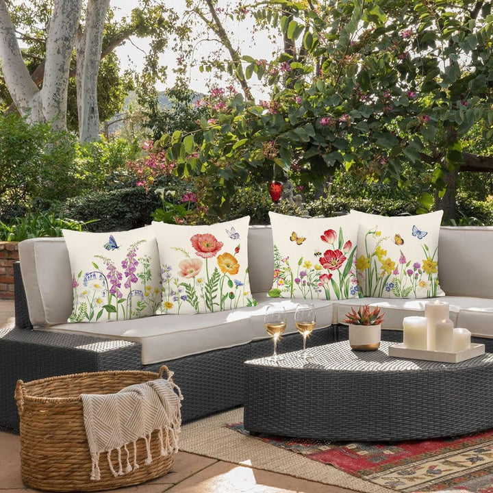 Bonhause 4er Set Kissenbezüge Blumen 45 x 45 cm Blume Garten Schmetterlinge Polyester Leinen Dekorat