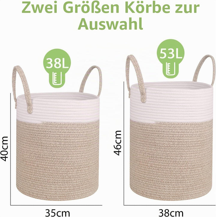 Withosent 49L Wäschekorb Geflochten aus Baumwolle, Wäschesammler mit Henkel, Laundry Basket Aufbewah