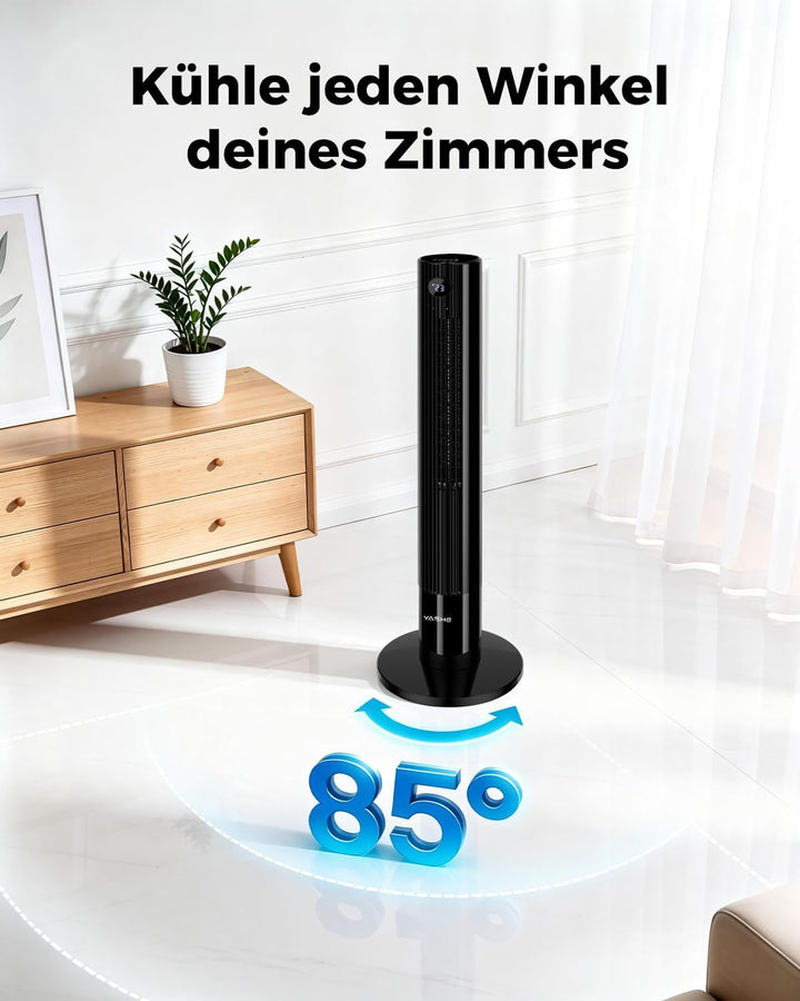 YASHE Turmventilator mit Fernbedienung, 85°-Oszillation, leiser Standventilator (28 dB), 3 Geschwind