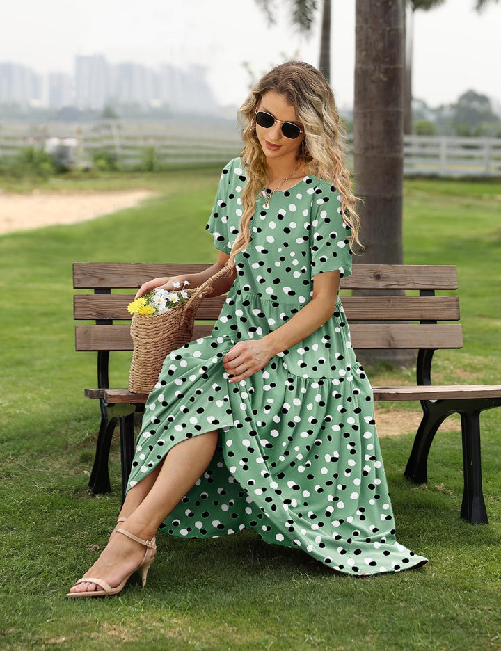 YESNO Damen Kleider Freizeit Lose Sommerkleid Lang Boho Maxikleid für Rundhals Strandkleid Blumenkle