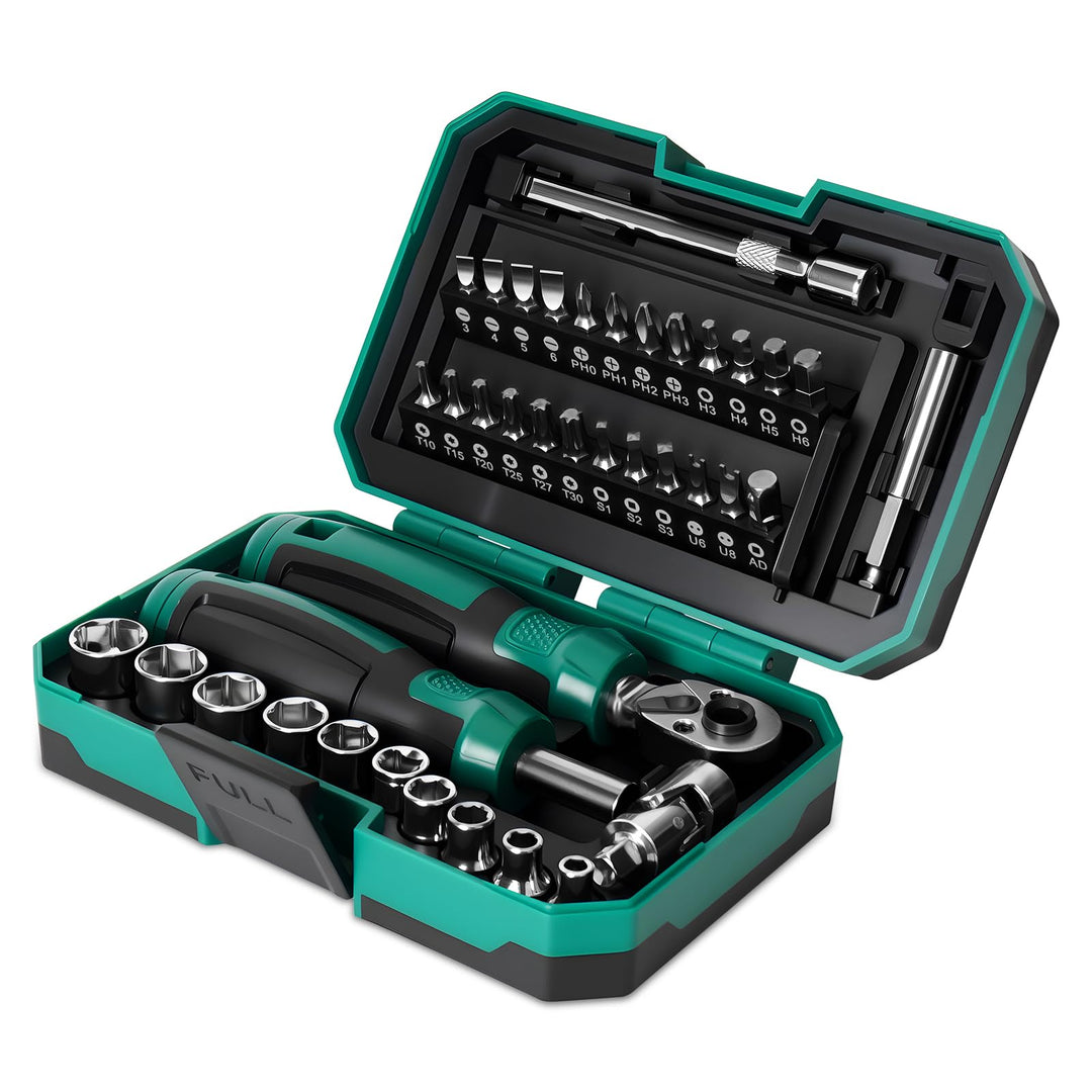 40-tlg Werkzeugkoffer,1/4 Zoll Ratschenschlüssel Set,Steckschlüsselsatz,Bits,Magnetgriff,Verlängerun