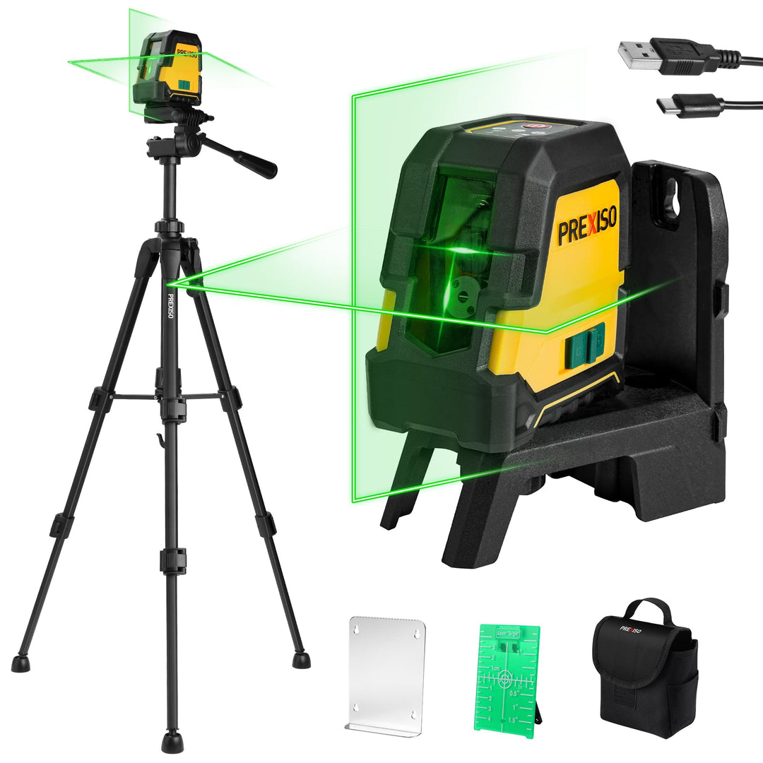 PREXISO Kreuzlinienlaser mit Stativ Grün 30m, Selbstnivellierend Linienlaser mit Dualem Lasermodul,