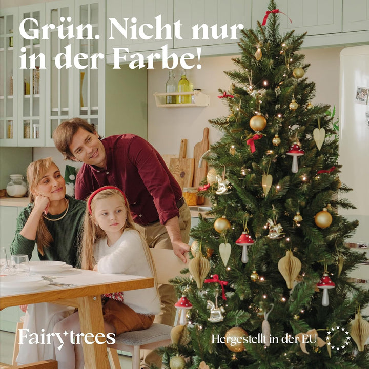 FairyTrees Weihnachtsbaum künstlich 150cm FICHTE Natur mit Christbaum Holzständer | Tannenbaum künst