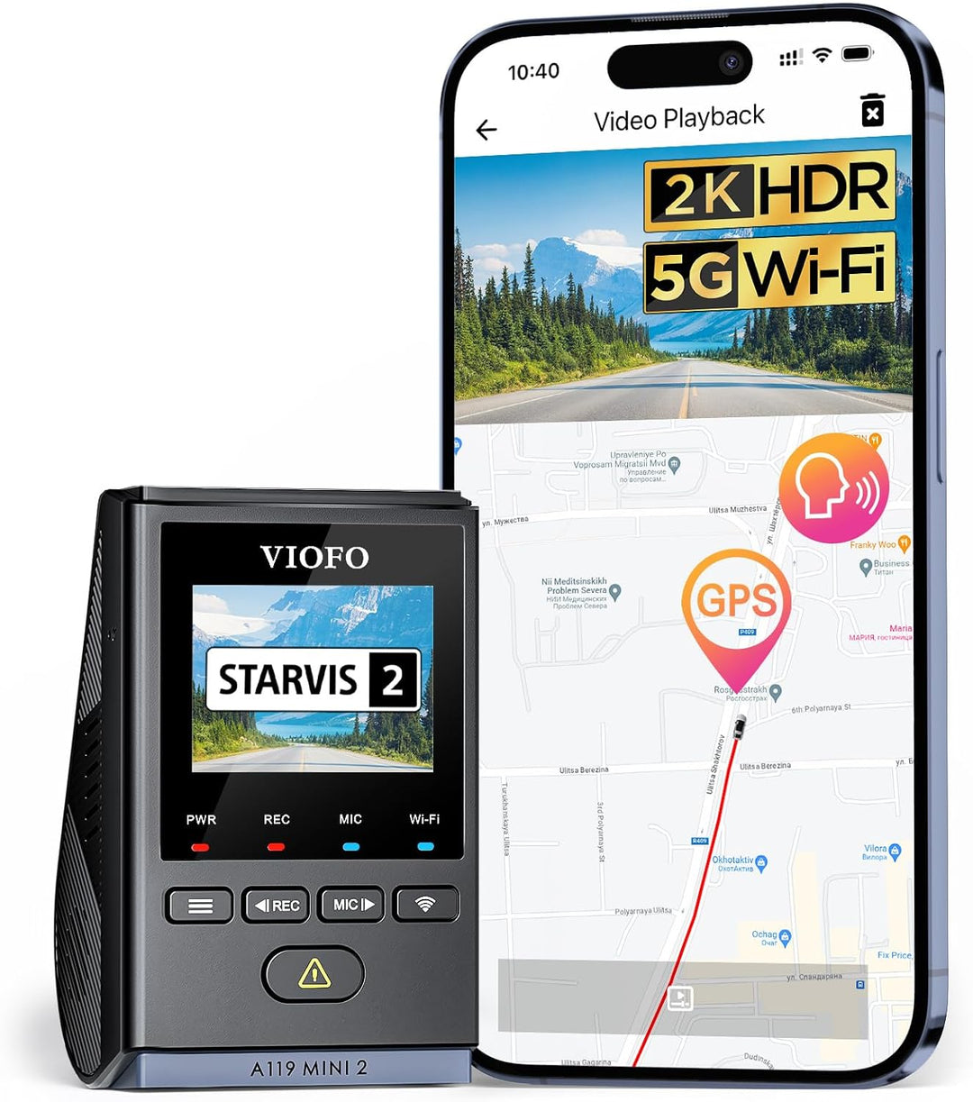 VIOFO Dashcam A119 Mini 2, Front 2,7K 5GHz Wi-Fi, 2K 60fps/HDR 30fps Sprachsteuerung, STARVIS 2 Verb