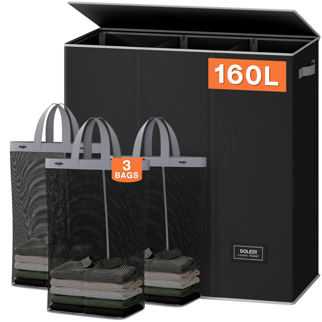 SOLEDI 160L Wäschekorb, Wäschesammler 3 fächer mit Deckel und 3 Wäschesack - Wäschesortierer Gross X
