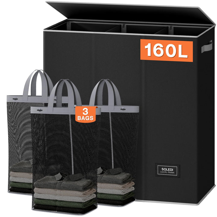 SOLEDI 160L Wäschekorb, Wäschesammler 3 fächer mit Deckel und 3 Wäschesack - Wäschesortierer Gross X