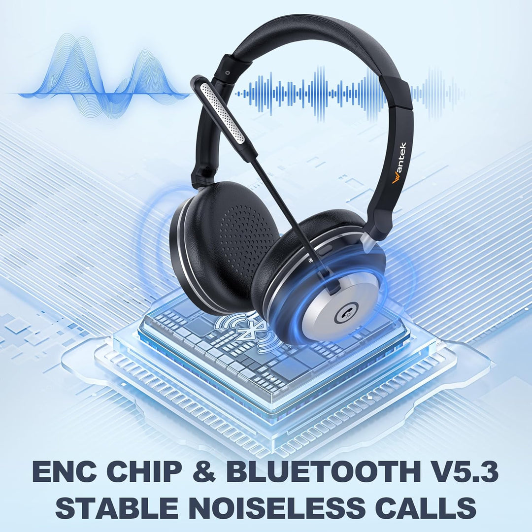 Wantek Kabelloses Headset mit Mikrofon, Bluetooth Headset mit Ladestation, Wireless Kabelloses Headp