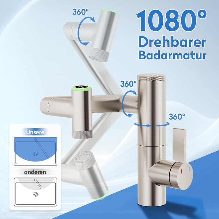 JONKEAN 1080 ° Drehbare Wasserhahn Bad mit Filter, Waschbecken Armaturen mit Temperaturanzeige, Einh