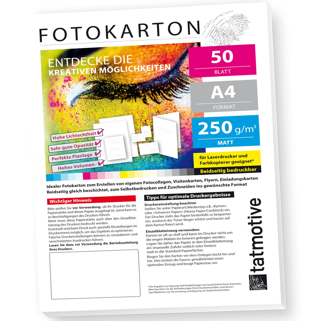 TATMOTIVE F01M50 Fotokarton Fotopapier 250g matt weiss/Laserdrucker/DIN A4 / Beidseitig bedruckbar /