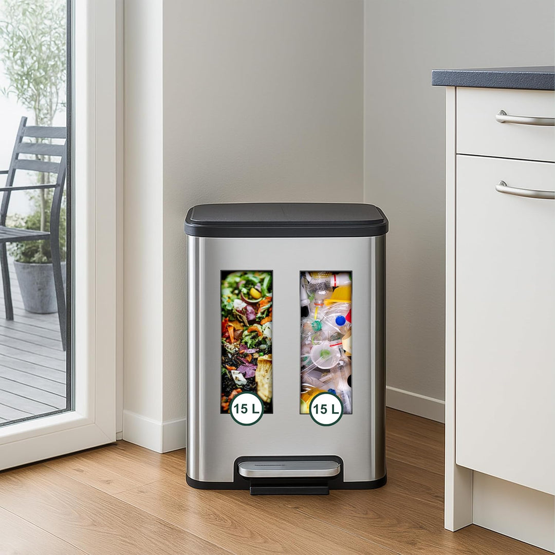 Relaxdays Mülleimer 2 x 15 Liter, Küchenmülleimer mit entnehmbare Inneneimer, Absenkautomatik und Tr