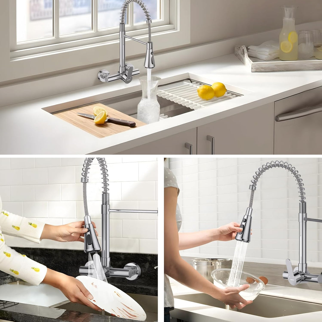 HURRAN Wasserhahn Wandmontage, Küchenarmatur mit 3 Auslaufarten, 360° Schwenkbarer Wasserhahn Küche