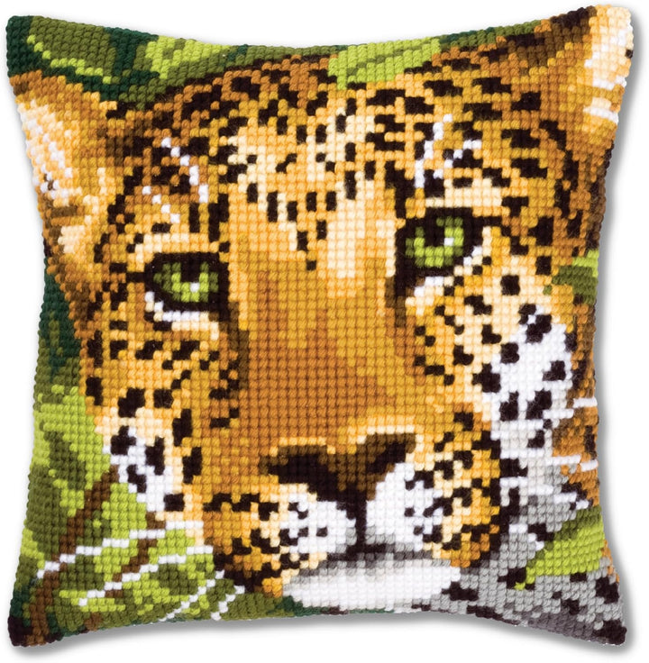 Vervaco Leopard Kreuzstichkissen/Stickkissen vorgedruckt, Baumwolle, Mehrfarbig, 40 x 40 x 0.3 cm