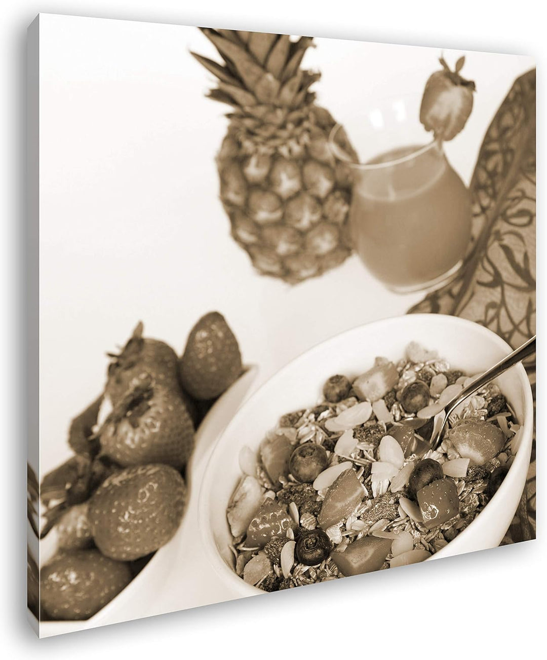 deyoli gesundes Müsli mit Obst im Format: 60x60 Effekt: Sepia als Leinwandbild, Motiv auf Echtholzra