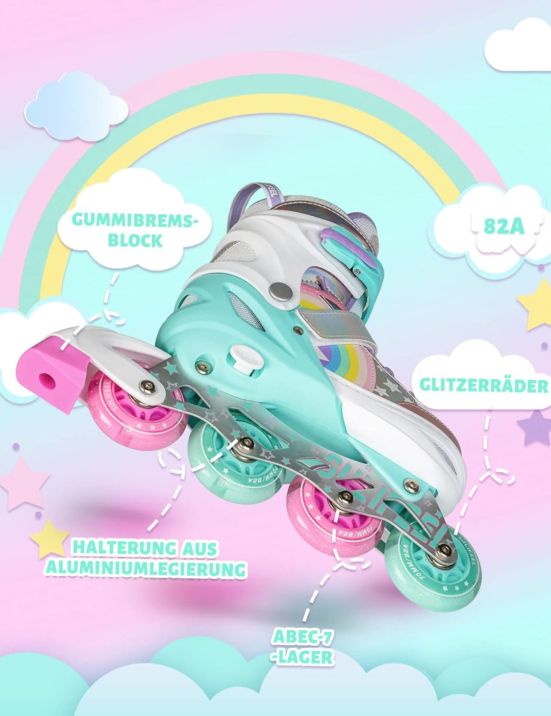 SULIFEEL Rainbow Unicorn Verstellbare Schwarz Rollschuhe für Kinder mit Leuchtenden Rädern für Junge