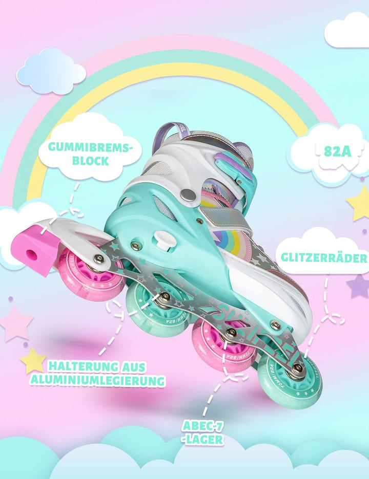 SULIFEEL Rainbow Unicorn Verstellbare Schwarz Rollschuhe für Kinder mit Leuchtenden Rädern für Junge